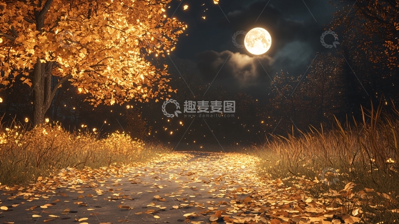 高清大图下载【趣麦麦图】秋夜月光下的小径