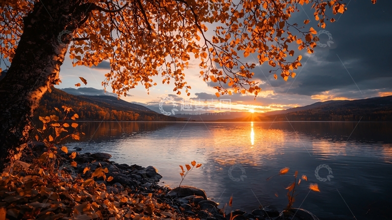 高清大图下载【趣麦麦图】秋日湖畔夕阳美景