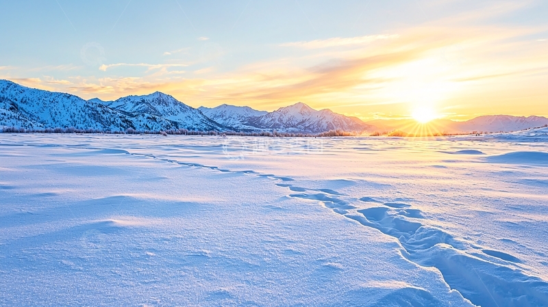 高清大图下载【趣麦麦图】雪地山景日落足迹