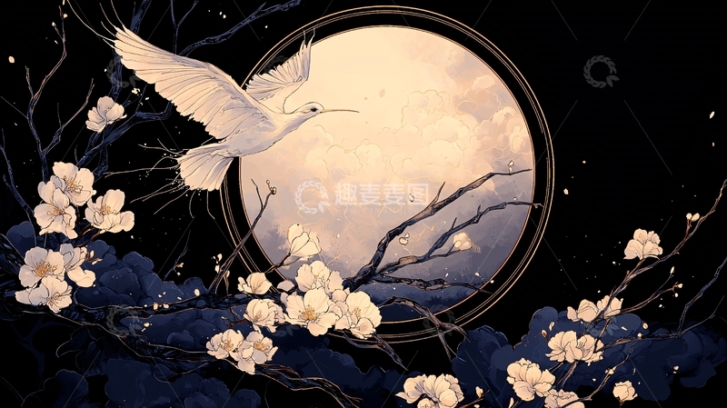 高清大图下载【趣麦麦图】月下飞鸟与樱花