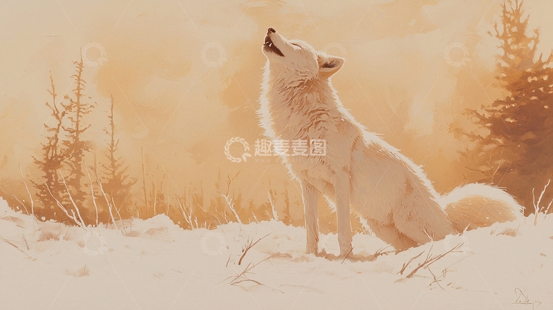 高清大图下载【趣麦麦图】雪地中的狼嚎叫场景