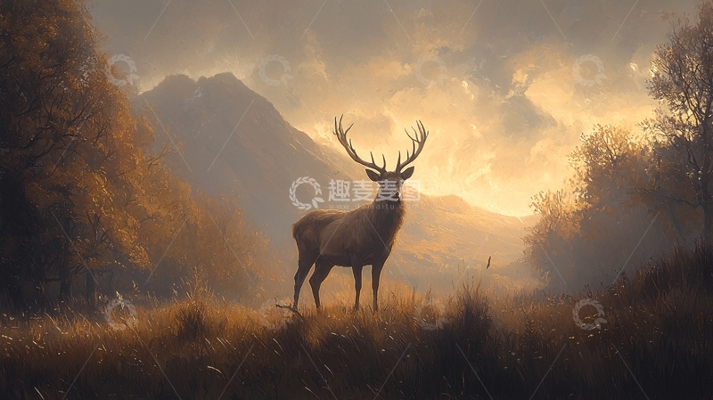 高清大图下载【趣麦麦图】晨光中的雄鹿与山景