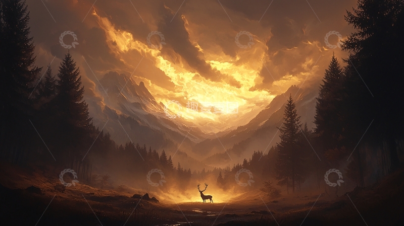 高清大图下载【趣麦麦图】夕阳下的山谷与鹿