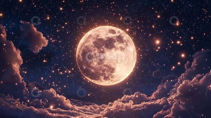 高清大图下载【趣麦麦图】夜空中的满月与星星