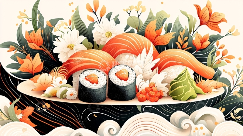 高清大图下载【趣麦麦图】精致寿司拼盘与花卉装饰
