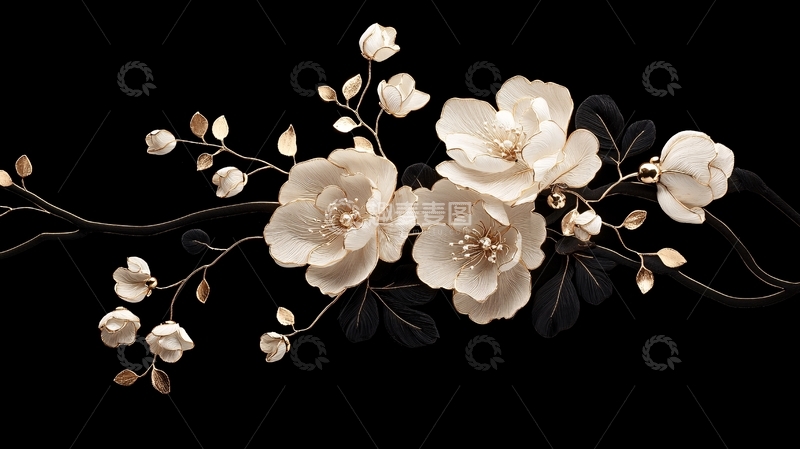 高清大图下载【趣麦麦图】金色花朵与黑色背景的艺术插画