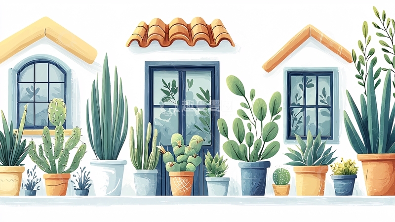高清大图下载【趣麦麦图】白色房屋前的仙人掌盆栽