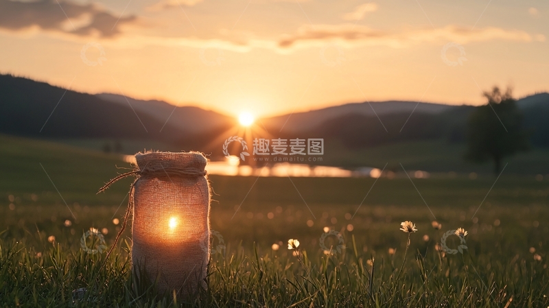 高清大图下载【趣麦麦图】夕阳下的草地与玻璃瓶