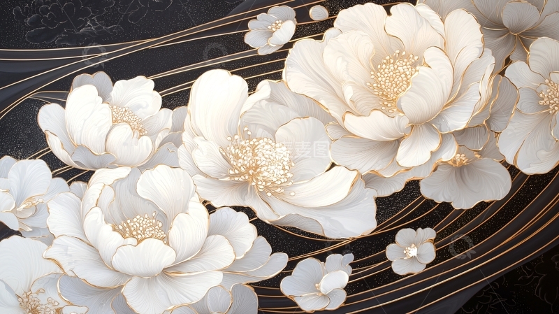 高清大图下载【趣麦麦图】金色线条点缀的白色花朵图案