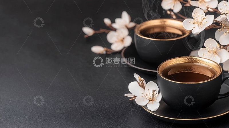 高清大图下载【趣麦麦图】黑金咖啡杯与樱花背景