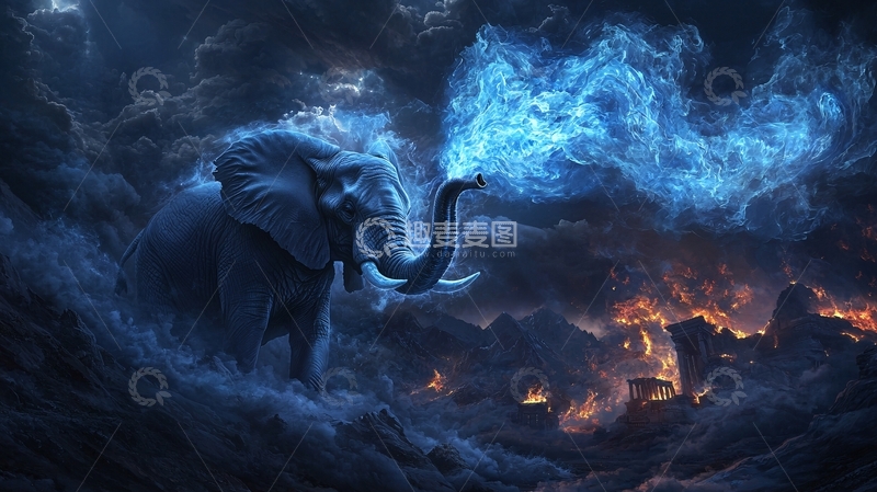 高清大图下载【趣麦麦图】蓝色光芒笼罩的巨象