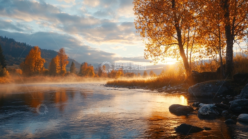 高清大图下载【趣麦麦图】秋日晨雾中的河流风景