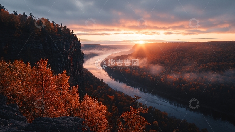 高清大图下载【趣麦麦图】秋日峡谷日出风景