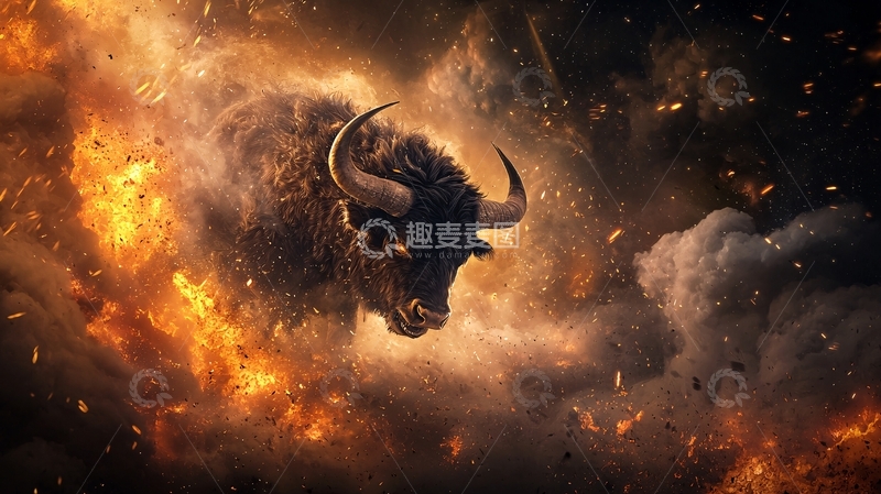 高清大图下载【趣麦麦图】火焰中愤怒的公牛