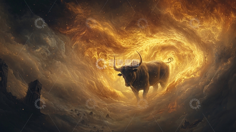 高清大图下载【趣麦麦图】火焰漩涡中的公牛