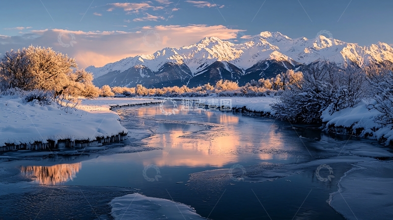 高清大图下载【趣麦麦图】冬日雪山下的静谧河流