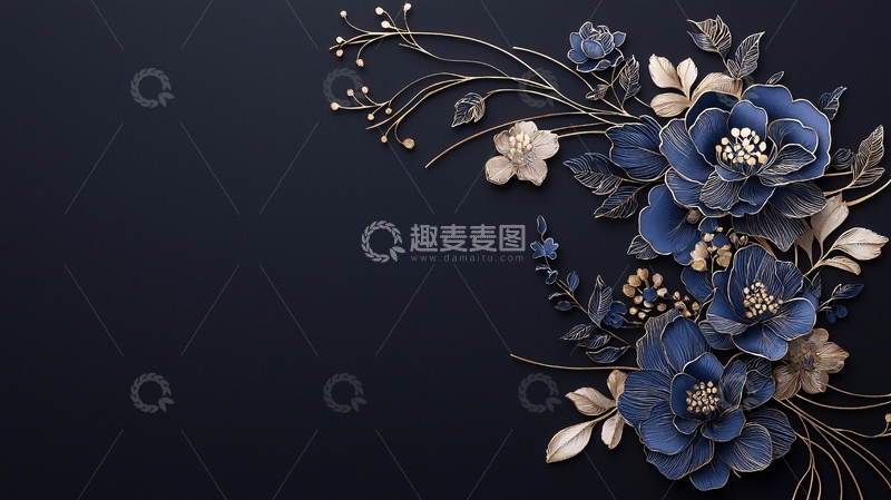 高清大图下载【趣麦麦图】深蓝金色花卉装饰图案