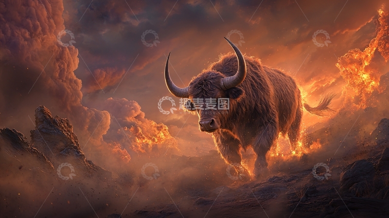 高清大图下载【趣麦麦图】雄壮的牛在云雾中