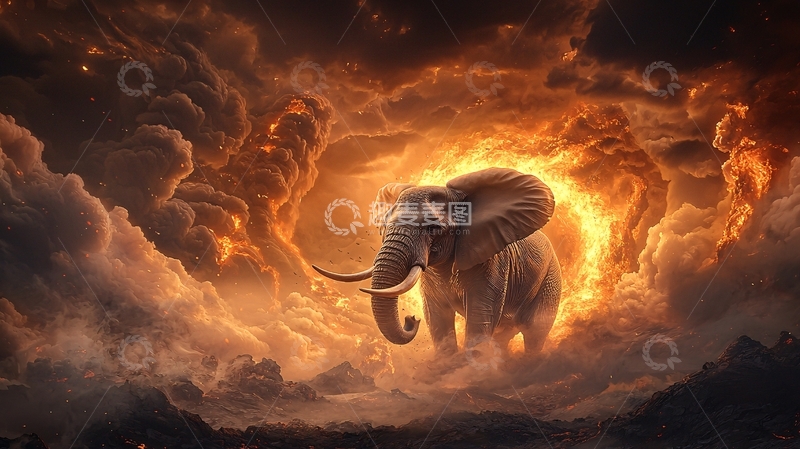 高清大图下载【趣麦麦图】火焰云环绕的大象