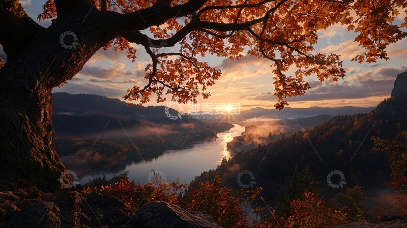 高清大图下载【趣麦麦图】秋日晨光下的河流风景