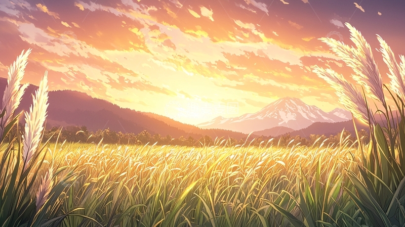 高清大图下载【趣麦麦图】夕阳下的稻田与雪山