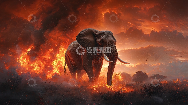 高清大图下载【趣麦麦图】火焰背景下的大象