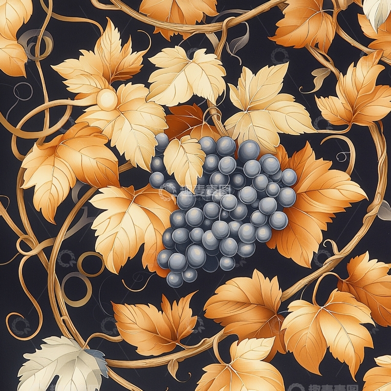 高清大图下载【趣麦麦图】金色葡萄藤蔓背景图案
