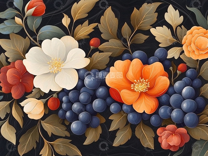 高清大图下载【趣麦麦图】秋日果实与花卉装饰画