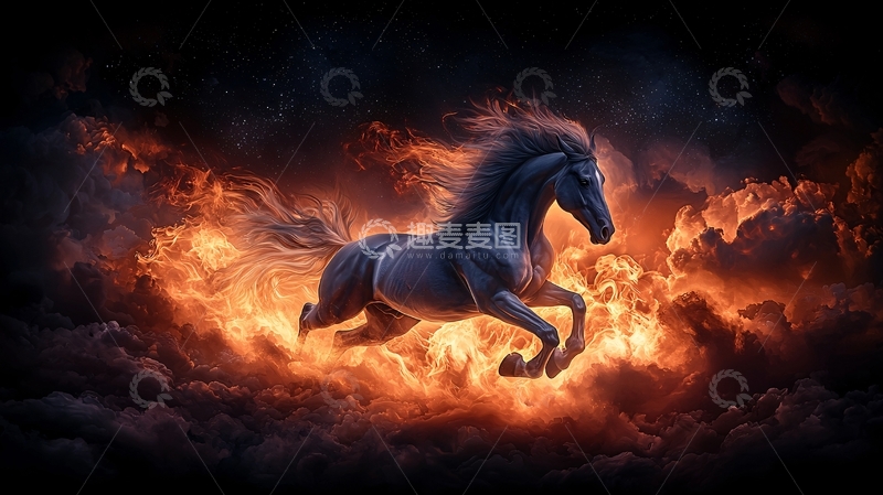 高清大图下载【趣麦麦图】奔跑的黑马在火焰中