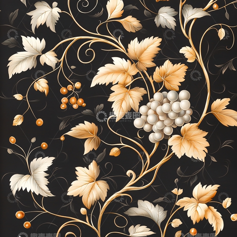 高清大图下载【趣麦麦图】金色葡萄藤蔓背景图案