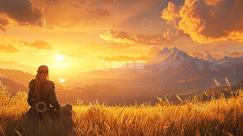高清大图下载【趣麦麦图】夕阳下的孤独旅者