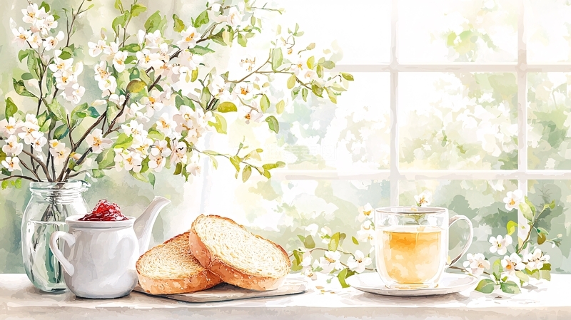 高清大图下载【趣麦麦图】春日茶点与花束