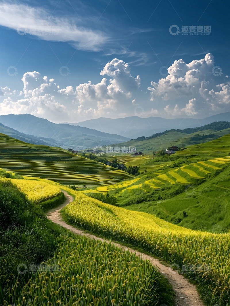高清大图下载【趣麦麦图】梯田风光下的乡村小路