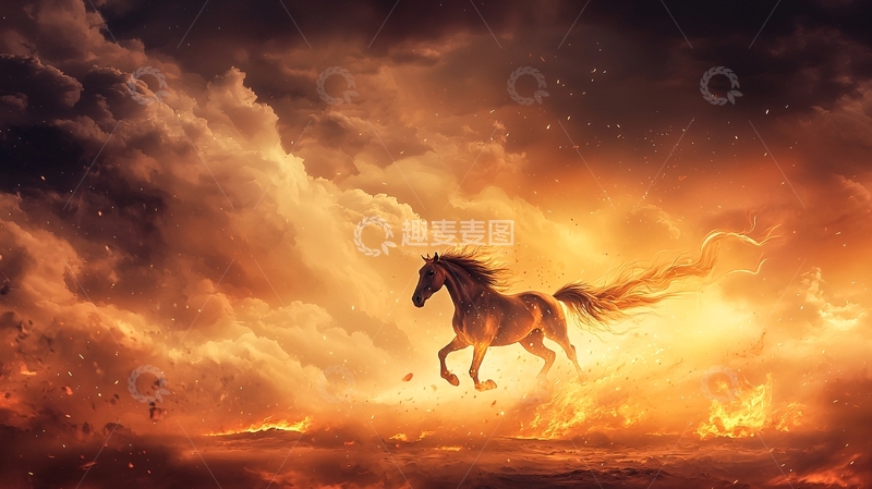 高清大图下载【趣麦麦图】奔腾的骏马在火焰云中