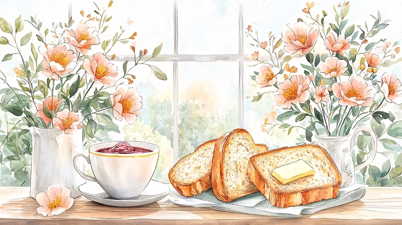 高清大图下载【趣麦麦图】窗边茶点与花束插画