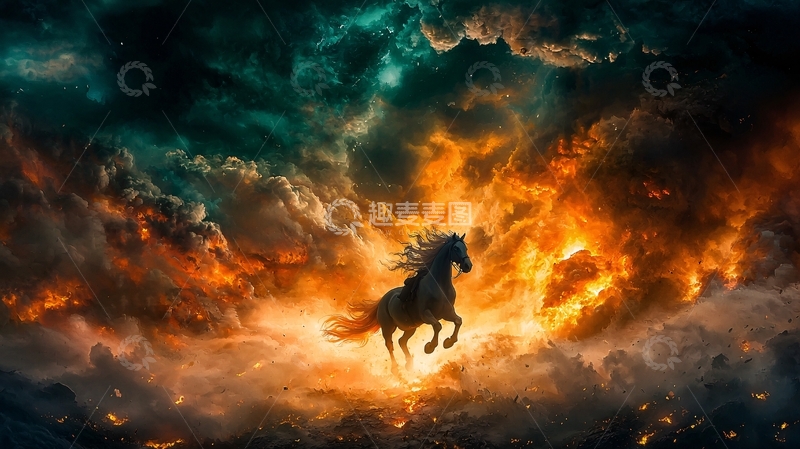 高清大图下载【趣麦麦图】火焰中奔跑的黑马