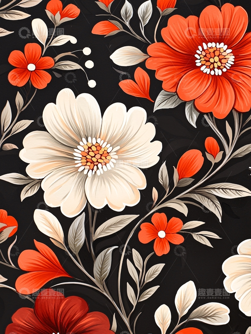 高清大图下载【趣麦麦图】红色花朵与黑色背景的艺术图案