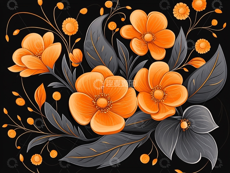 高清大图下载【趣麦麦图】橙色花朵与黑色背景的艺术插画