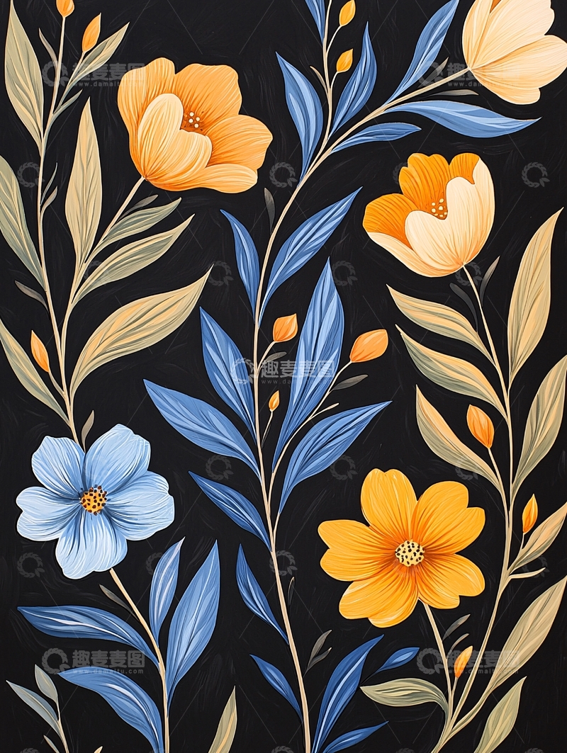 高清大图下载【趣麦麦图】夜色中的花卉图案背景