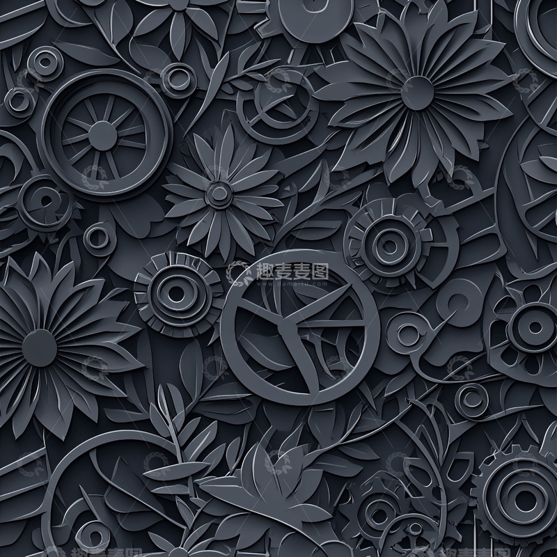 高清大图下载【趣麦麦图】机械齿轮与花卉图案背景