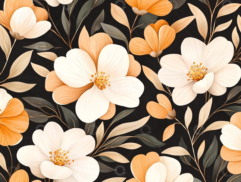 高清大图下载【趣麦麦图】橙白花卉图案背景素材