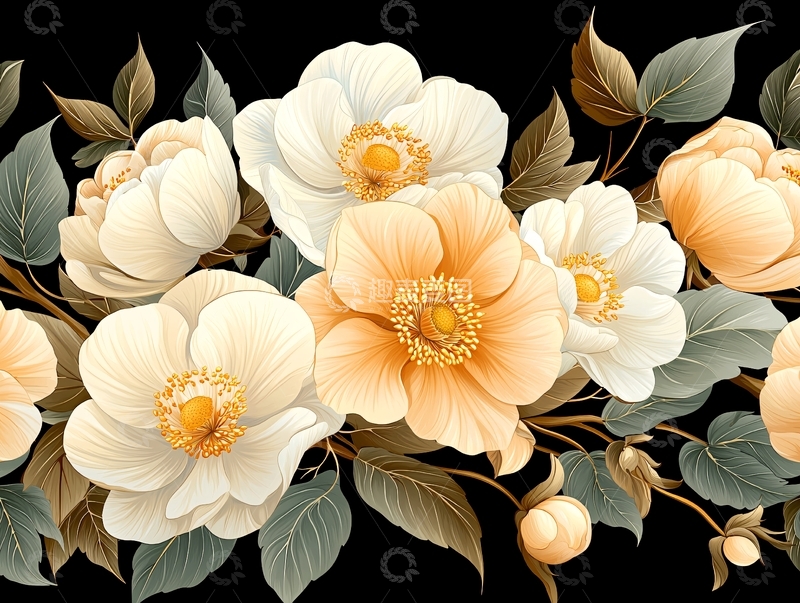 高清大图下载【趣麦麦图】金色花朵与绿叶背景插画