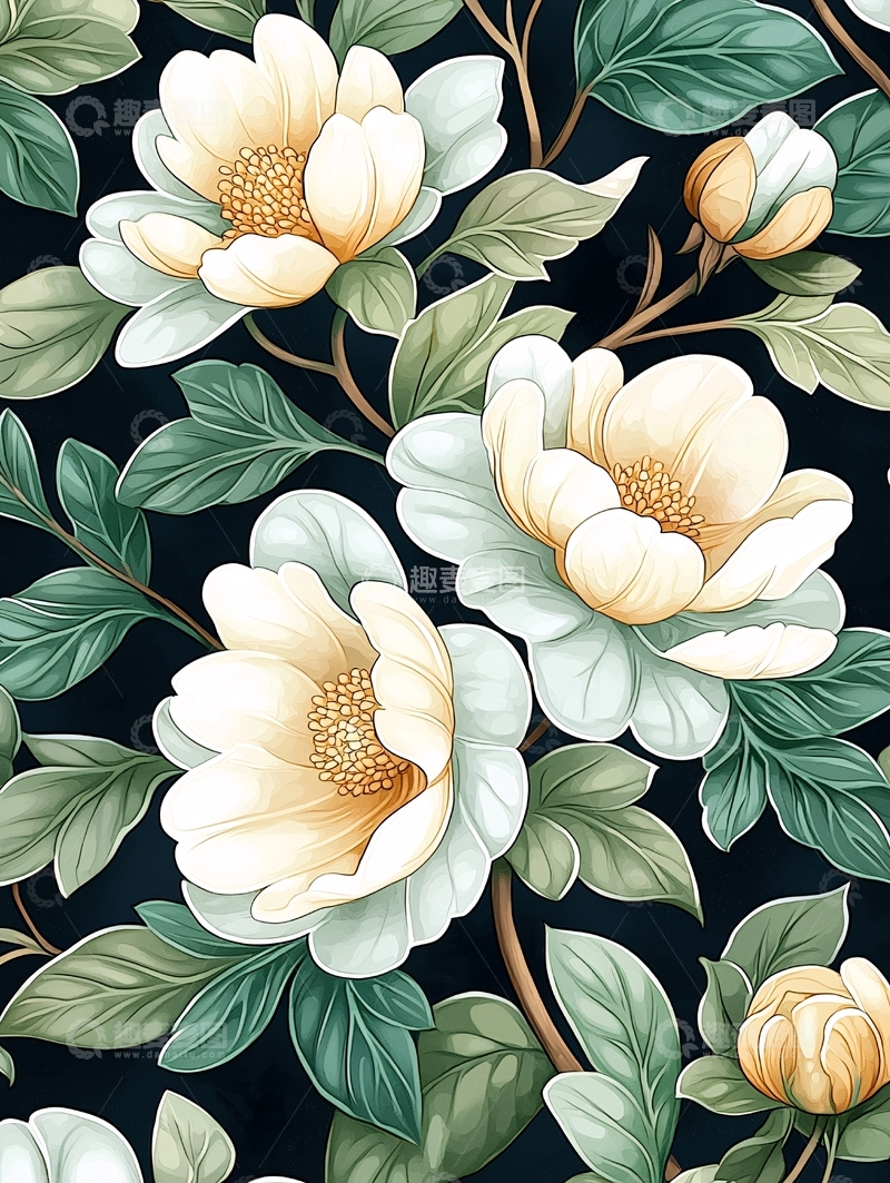 高清大图下载【趣麦麦图】白色花朵与绿色叶子背景图案