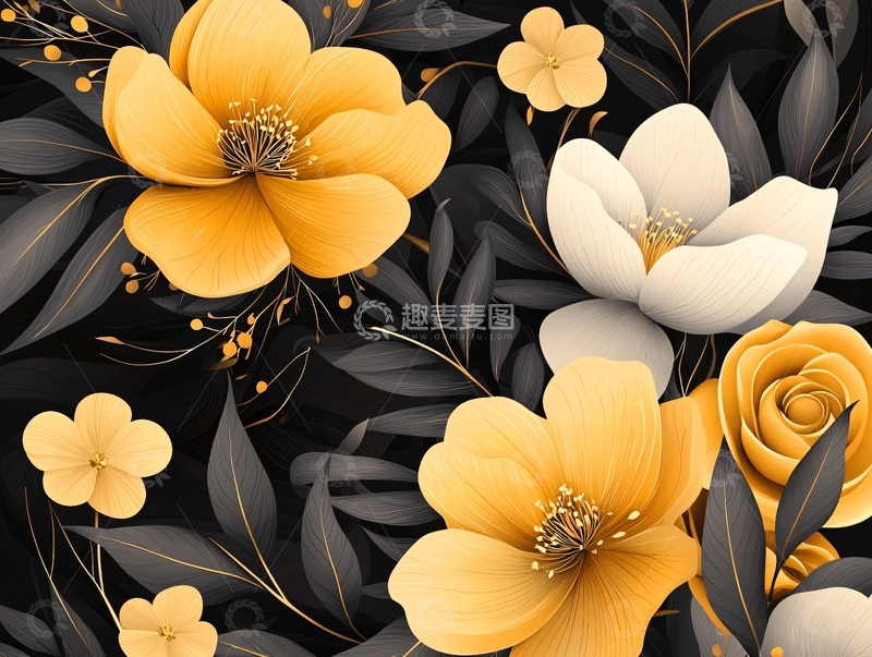 高清大图下载【趣麦麦图】金色花朵与黑色背景的艺术插画