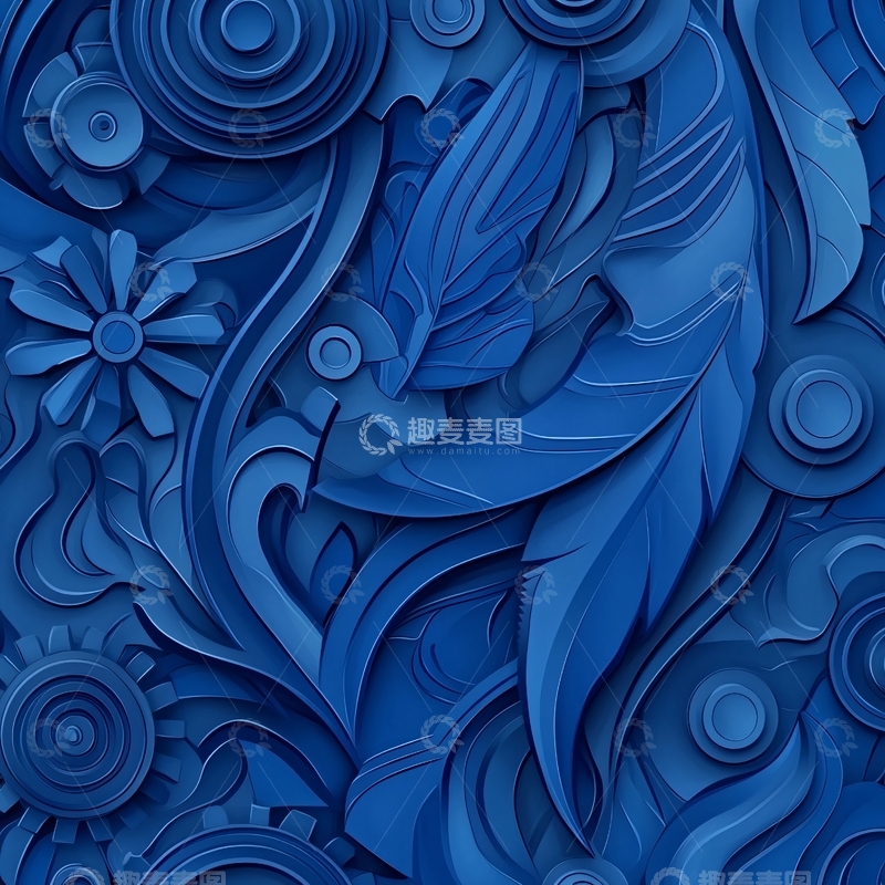 高清大图下载【趣麦麦图】蓝色花卉立体剪纸图案背景