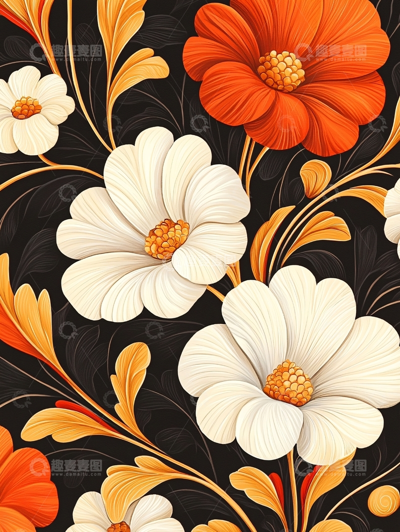 高清大图下载【趣麦麦图】橙白花卉图案背景素材
