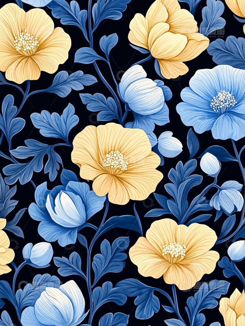 高清大图下载【趣麦麦图】蓝色花卉图案背景素材