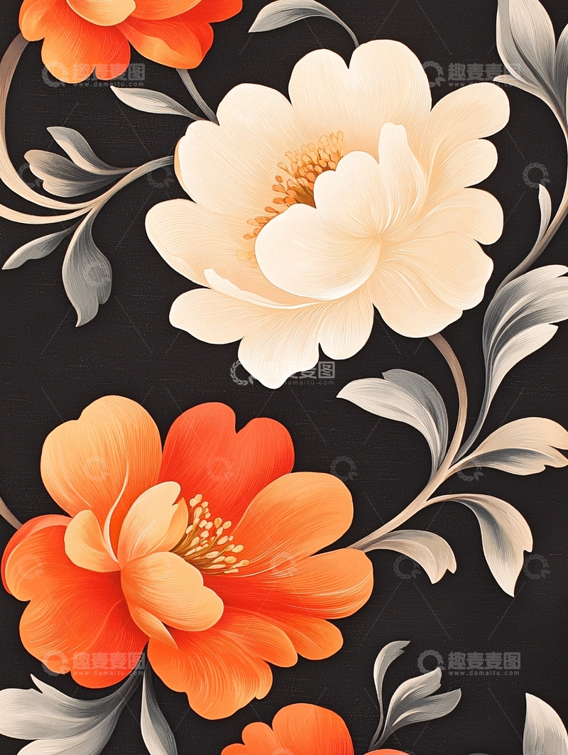 高清大图下载【趣麦麦图】橙色花卉与灰色叶子的艺术画作