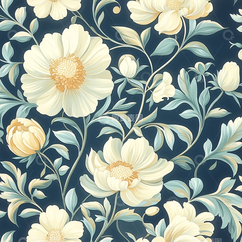 高清大图下载【趣麦麦图】蓝色背景上的白色花朵图案