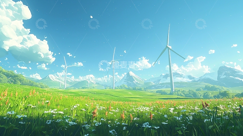 高清大图下载【趣麦麦图】绿色田野上的风力发电机